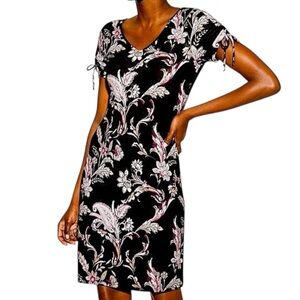 NWT WHITE HOUSE BLACK MARKET Black Floral Short Sleeve V-Neck Dress Size X-Large